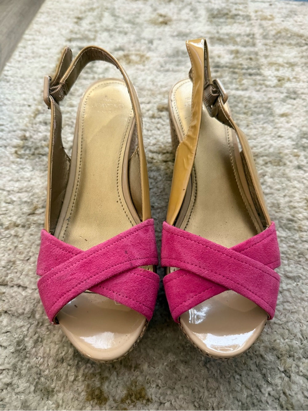 Circa Joan & David Luxe Cambridge Pink & Nude Patent Slingback Espadrille Wedges